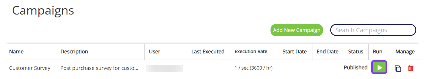 The green Run button is highlighted on the Campaigns page
